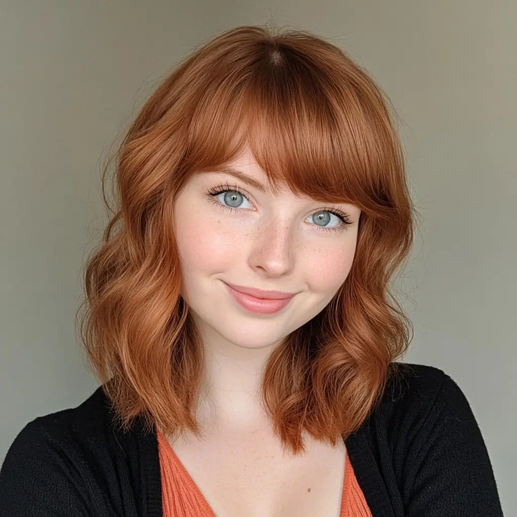 A portrait of Olivia, the author of treatsyx.com, a fair-skinned woman with wavy, short copper hair including a fringe, and light blue eyes, smiling gently at the camera.