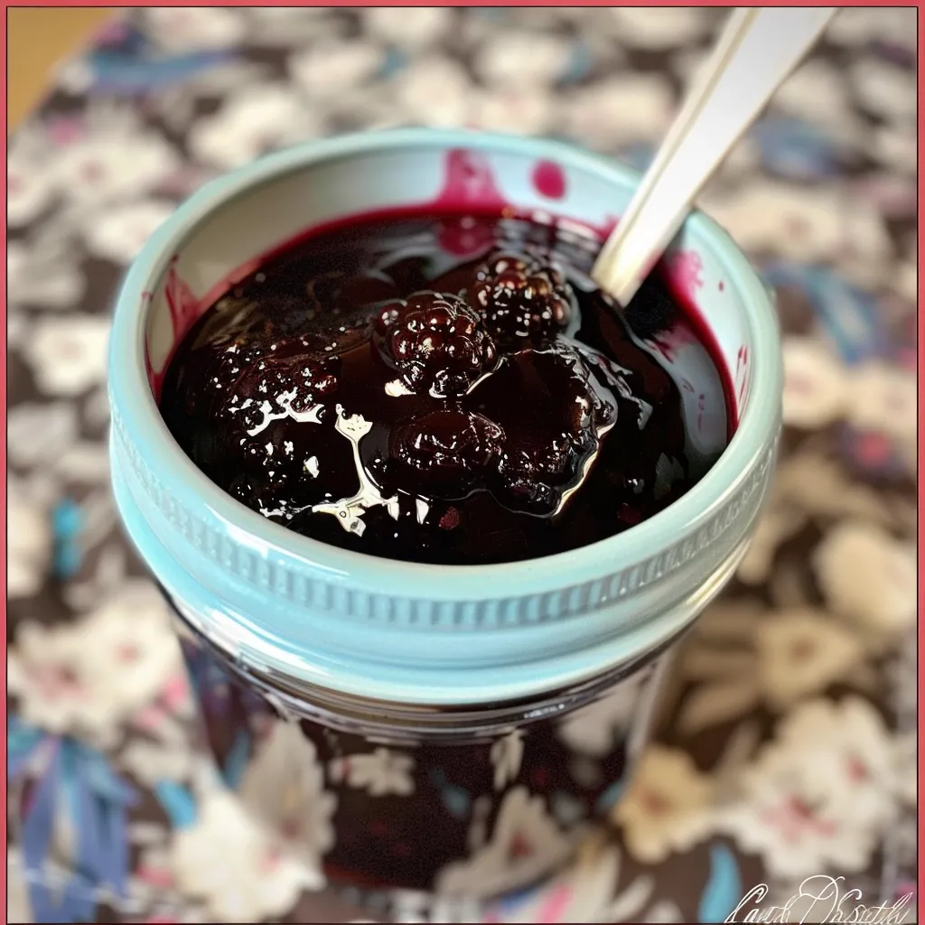 A mason jar filled with seedless black raspberry sauce.