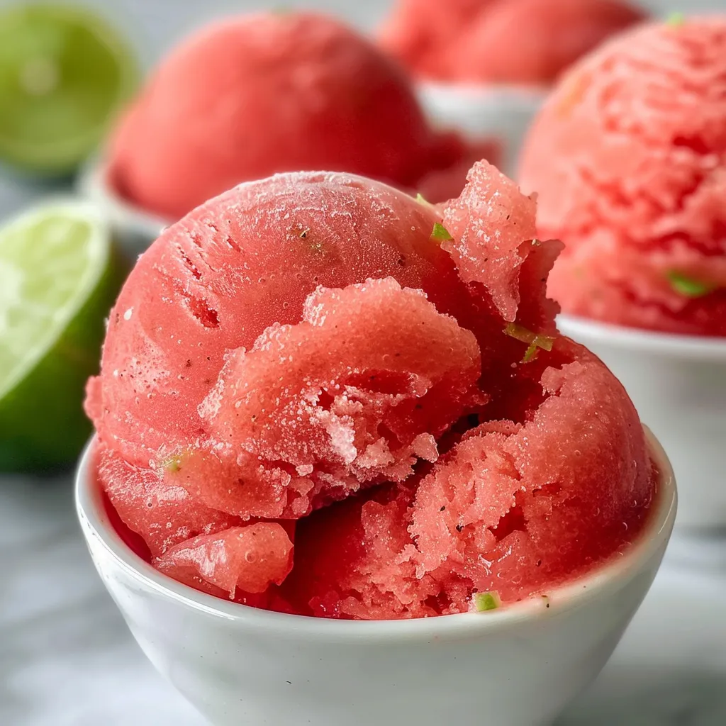 Close-up of refreshing watermelon sorbet in a glass, garnished with a lime wedge.