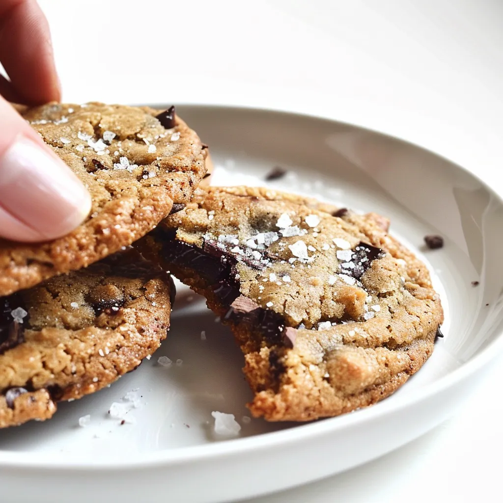 Close-up of a hand holding a broken brown butter sea salt chocolate chip cookie, showing melted chocolate inside. More cookies are visible in the background on a cooling rack.