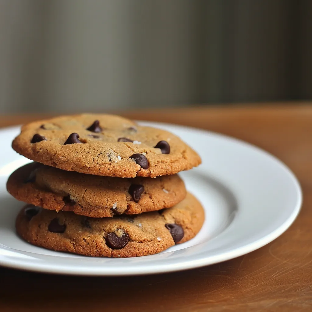 Close-up of a hand holding a broken-in-half browned butter espresso chocolate chip cookie, showing melted chocolate, with more cookies in the background on a wire rack.