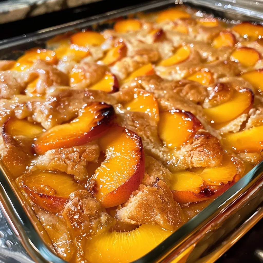 A golden-brown peach cobbler, bubbling in a glass baking dish, sits on a dark surface next to a bowl of fresh peaches.