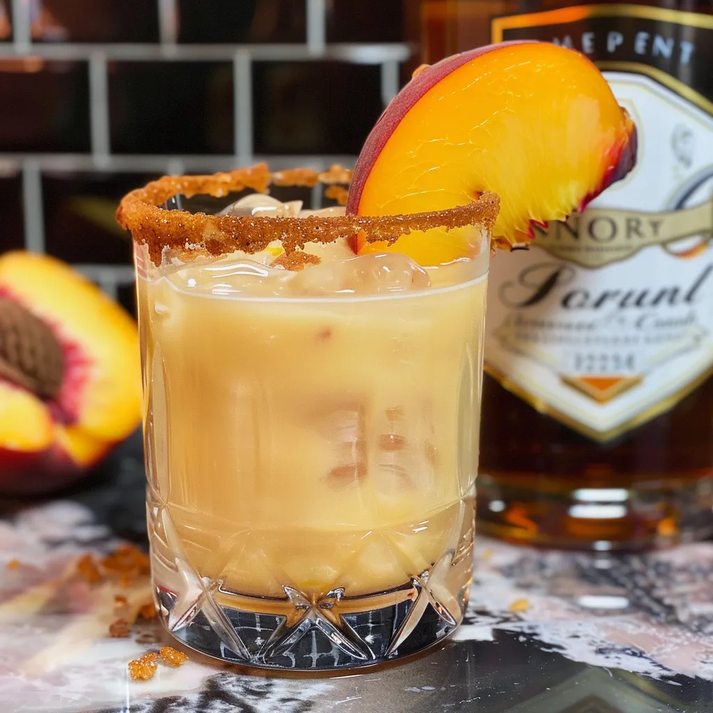 Peach Cobbler Cocktail made with Crown Royal Peach whiskey, garnished with peach slices and a sugared rim.