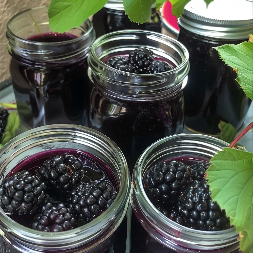 Jars of homemade seedless black raspberry jam, showing the jam at different stages of preparation.