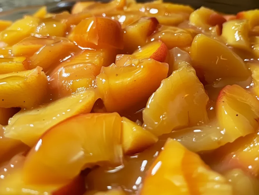 Deliciously Simple Peach Pie Filling recipe, showcasing a bowl and a small plate of golden-colored peach slices.