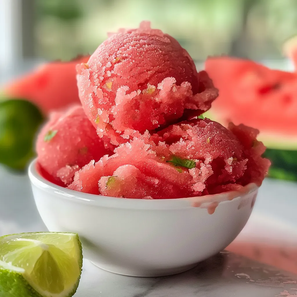 Bowl of refreshing watermelon sorbet garnished with mint.