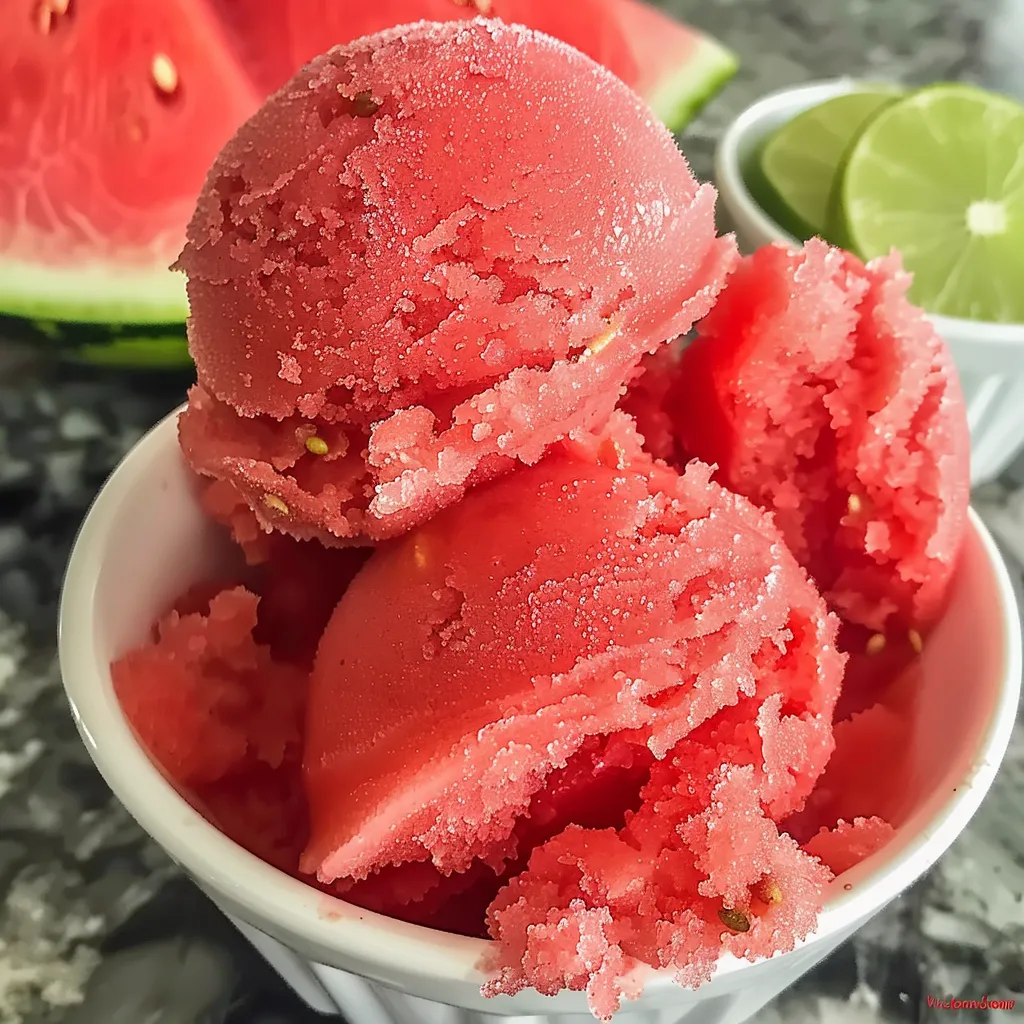 Scoops of refreshing sugar-free watermelon sorbet in small white bowls.