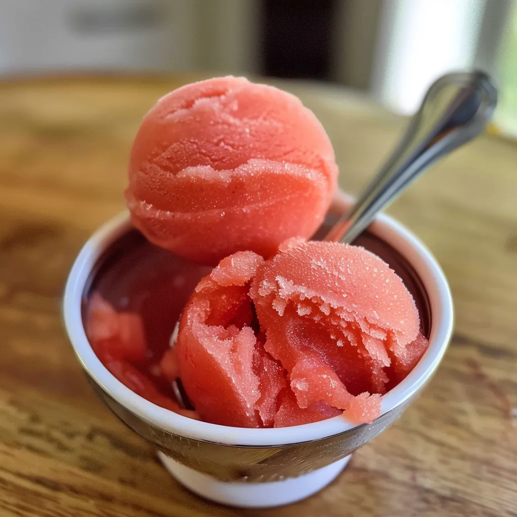 A scoop of refreshing watermelon sorbet in a small white bowl, with another scoop in a metal scoop in the background.