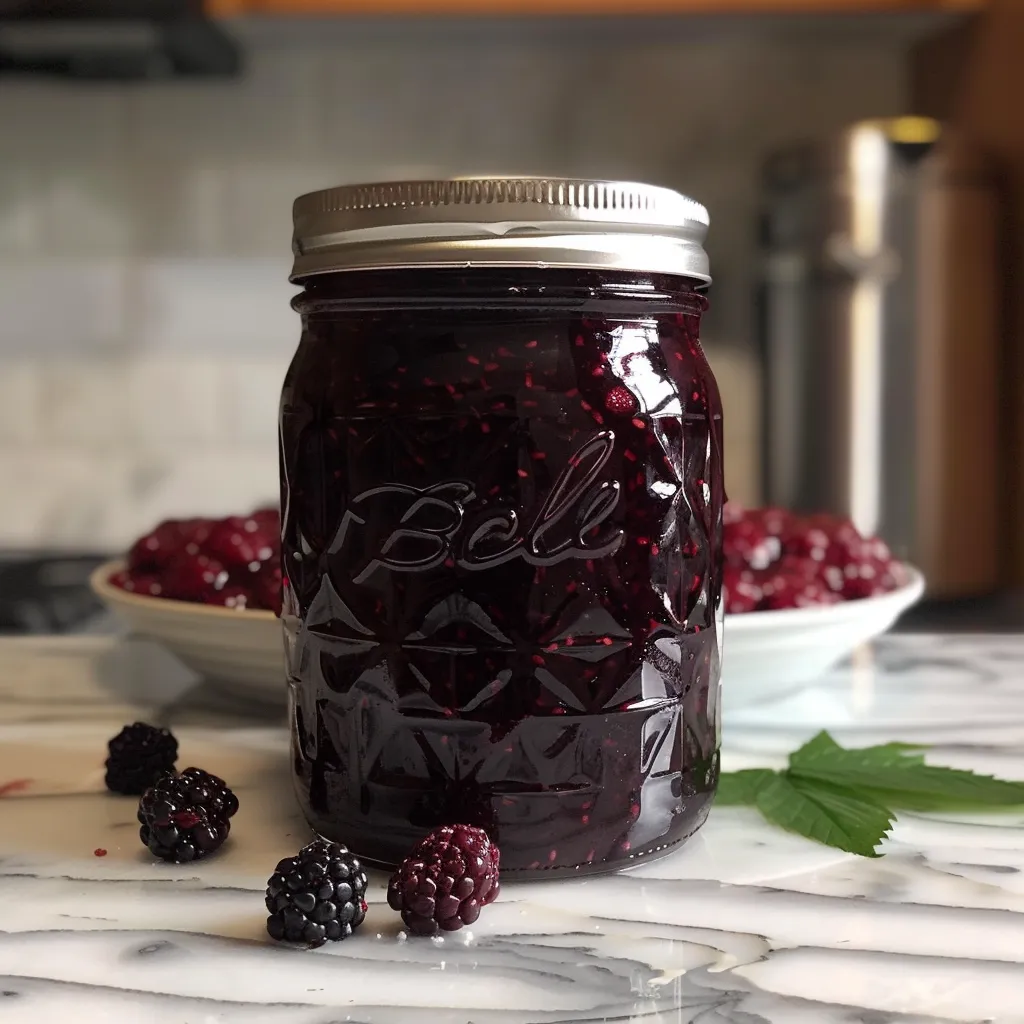 Two mason jars filled with homemade canning black raspberry pie filling, next to fresh black raspberries and leaves.